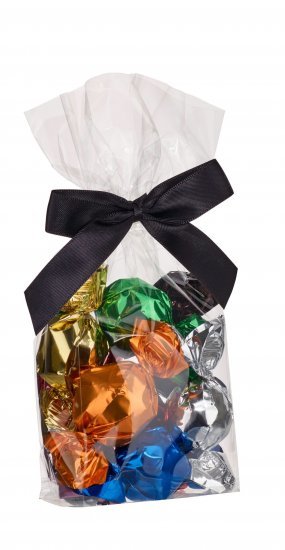 Cellofanposer m/ sort sløjfe, Mixede Chokoladekugler, 90 g.