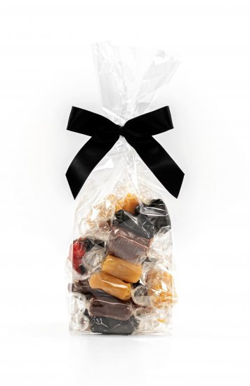 Cellofanposer m/ sort sløjfe, Mixede karameller - klar folie, 90 g.