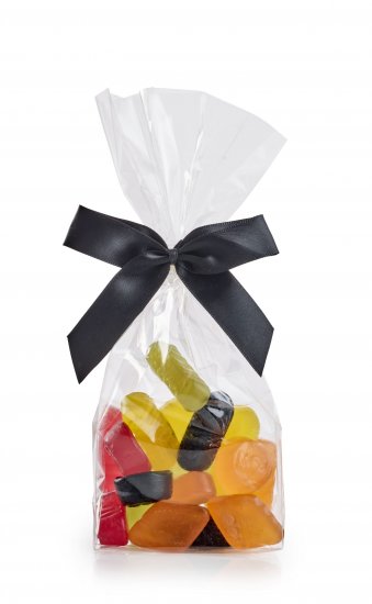 Cellofanposer m/ sort sløjfe, Engelsk Vingummi, 90 g.