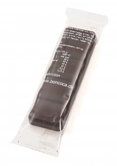 Flowpakket chokoladestang, m/ Mørk chokolade, appelsin og krokant, 25 g.