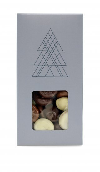 Juleæsker Blue Christmas Juletræ, Pebernødder m/chokoladeovertræk, 90 g.