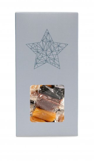 Juleæsker Blue Christmas Stjerne, Mixede Karameller - klar folie, 90 g.