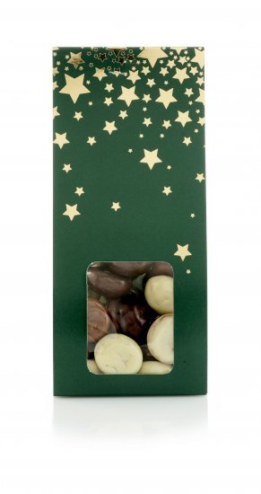 Grøn/Guld stjerner hanger, Pebernødder m/ chokoladeovertræk, 90 g.