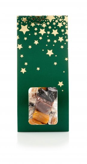 Grøn/Guld stjerner hanger, Mixede karameller - klar folie, 90 g.