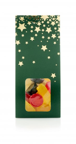 Grøn/Guld stjerner hanger, Engelsk Vingummi, 90 g.