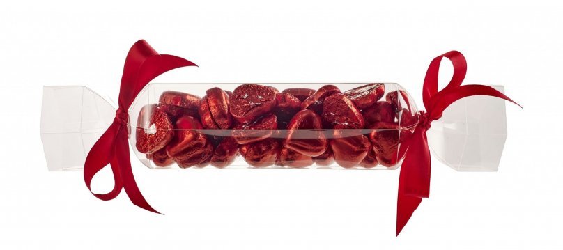Transparent Jule-/Nytårsknallert, Røde Hjerte i Folie, 275 g.