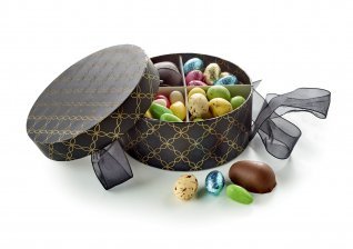 Rund Hatteæske Sort/Guld, Familieæske, 400 g.