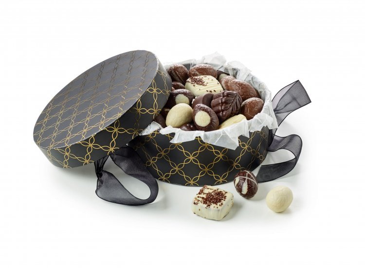 Rund Hatteæske Sort/Guld, Luksus chokolade & Luksusæg 500 g.