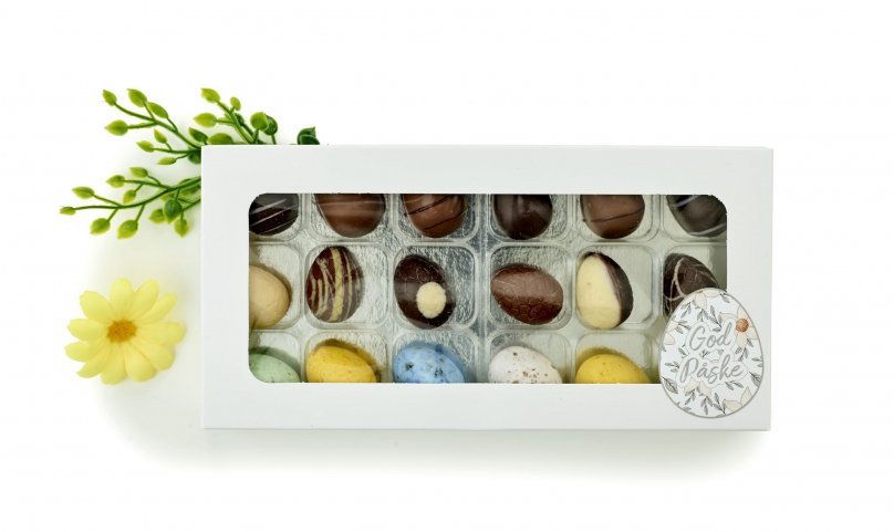 Hvid rudeæske, 18 stk Marcipanæg, Luksusæg & Belgiske Fugleæg 190 g.