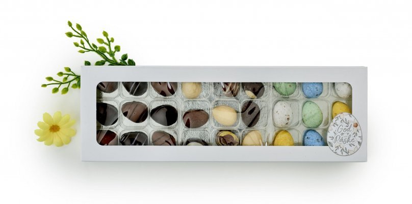 Hvid rudeæske, 27 stk Marcippanæg, Luksusæg & Belgiske Fugleæg 290 g.