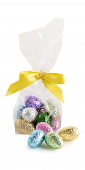 Cellofanpose m/gulsilkesløjfe, Indpakkede luksusæg, 90 g.