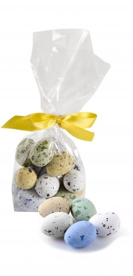 Cellofanpose m/gulsilkesløjfe, Belgiske fugleæg, 90 g.