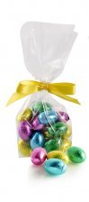 Cellofanpose m/gulsilkesløjfe, Pralinéæg - mix, 90 g.