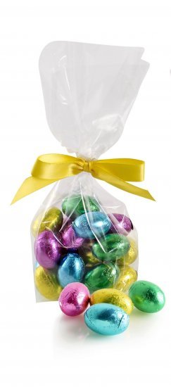 Cellofanpose m/gulsilkesløjfe, Pralinéæg - mix, 90 g.