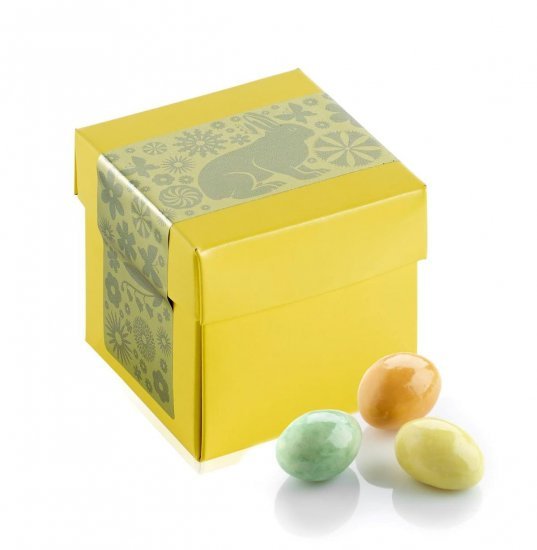 Gul Surpricebox m/påskelabel, Påskemandler, 90 g.