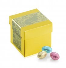 Gul Surpricebox m/påskelabel, Pralinéæg, 90 g.