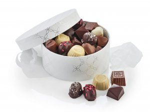 Rund Hatteæske Hvid/Sølv, Økologisk Luksus chokolade 500 g.