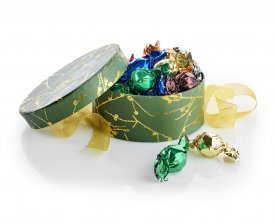 Rund Hatteæske Guld Lærkegren, Mixede Chokoladekugler 300 g.