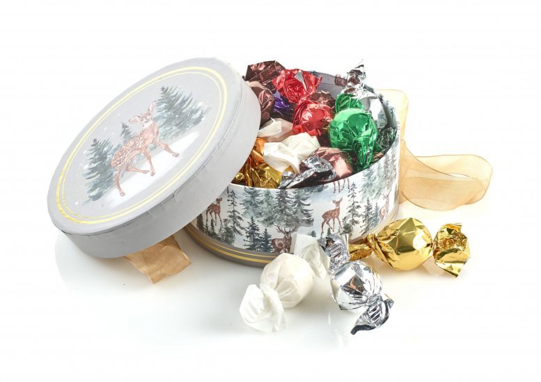 Rund Hatteæske Rensdyr, Mixede Chokoladekugler 300 g.