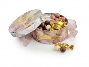 Rund Hatteæske Akvarel Guld, Familieæske 400 g.