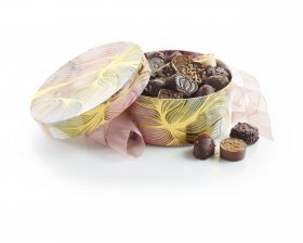 Rund Hatteæske Akvarel Guld, Luksuschokolade 500 g.