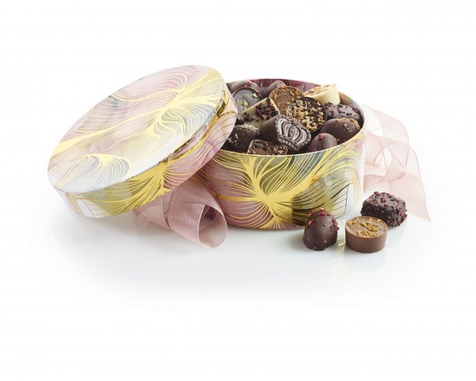 Rund Hatteæske Akvarel Guld, Luksuschokolade 500 g.