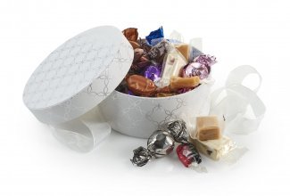Rund Hatteæske Hvid/Sølv, Julemix 300 g.