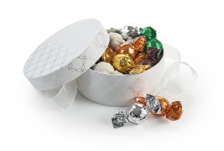 Rund Hatteæske Hvid/Sølv, Mixede Chokoladekugler 300 g.