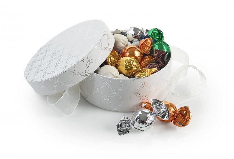 Rund Hatteæske Hvid/Sølv, Mixede Chokoladekugler 300 g.