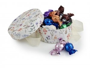 Rund Hatteæske Flowers, Mixede Chokoladekugler 300 g.