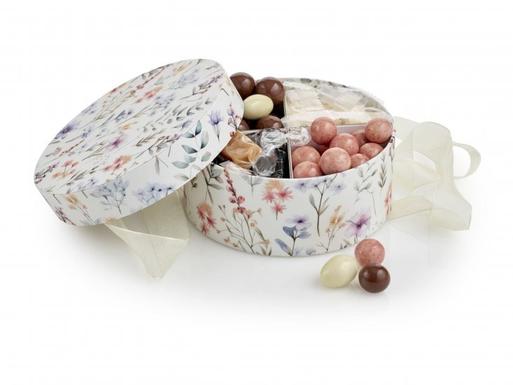 Rund Hatteæske Flowers, Familieæske 400 g.