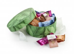 Rund Hatteæske Green Leaves, Anthon Berg Mix 250 g.