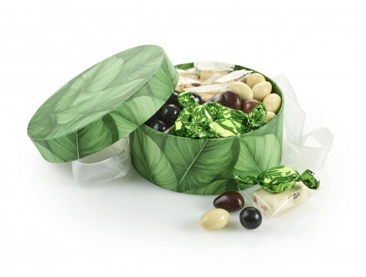 Rund Hatteæske, Green Leaves, Familieæske 400 g.
