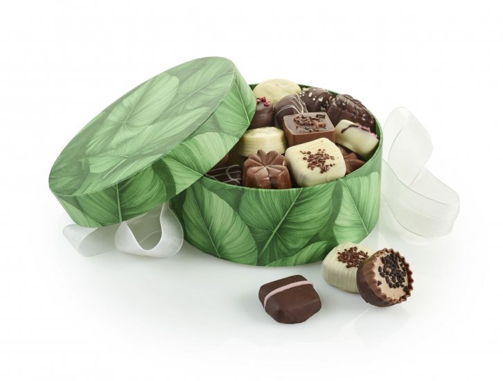 Rund Hatteæske, Green Leaves, Luksuschokolade 500 g.