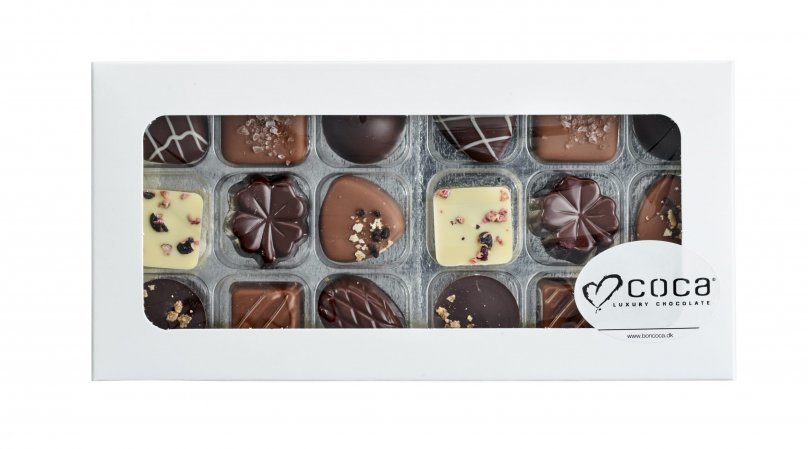 Hvid rudeæske, 18 stk. Luksus chokolade, 180 g.