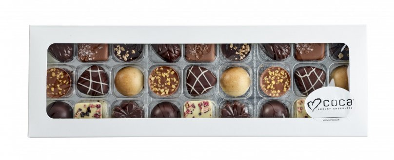 Hvid rudeæske, 27 stk. Luksus chokolade, 270 g.