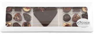 Hvid rudeæske, 18 stk. Luksus chokolade og Marcipanhjerte, 225 g.