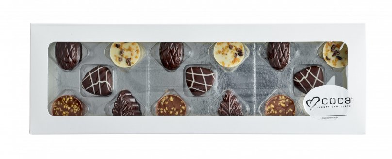 Hvid rudeæske, 15 stk. Luksus chokolade, 150 g.