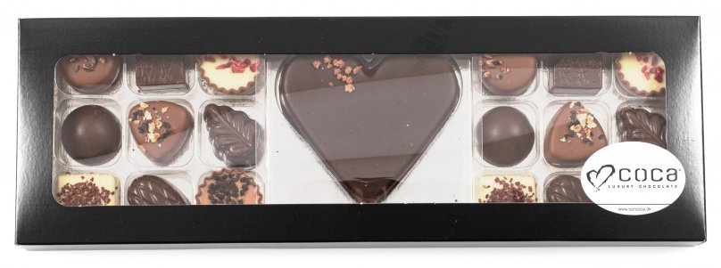 Sort rudeæske, 18 stk. Luksus chokolade og Marcipanhjerte, 225 g.