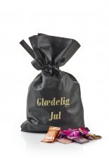 Sort stofpose m/tryk Glædelig Jul, Anthon Berg Mix, 1000 g.