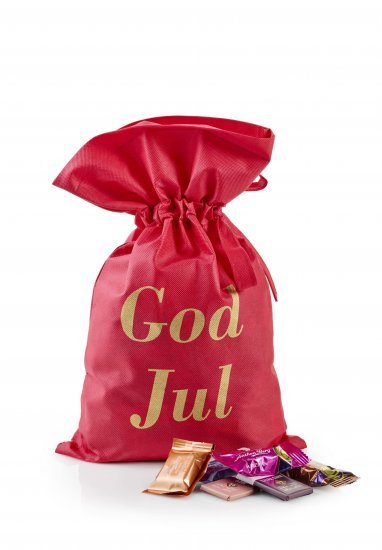 Rød stofpose m/tryk God Jul, Anthon Berg Mix, 1000 g.