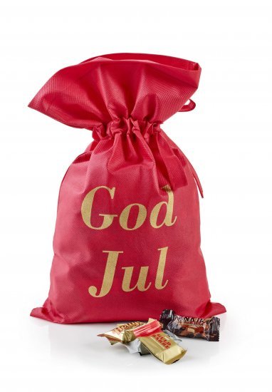 Rød stofpose m/tryk God Jul, Toms Mini Favoritter 1750 g.