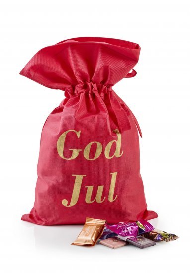 Rød stofpose m/tryk God Jul, Anthon Berg Mix, 1500 g.