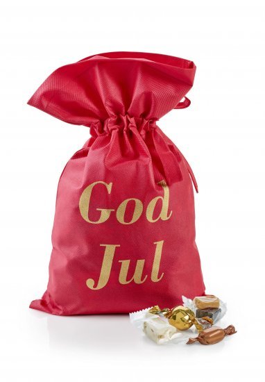 Rød stofpose m/tryk God Jul, Julemix, 1750 g.