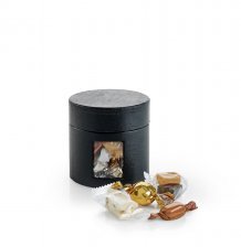 Lille Sort Rund Hatteæske m/ Vindue, Julemix 250 g.