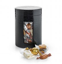 Stor Sort Rund Hatteæske m/ Vindue, Julemix 1000 g.