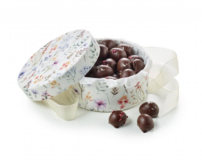 Rund Hatteæske Summer Flowers, Økologisk Marcipanæg, 500 g.