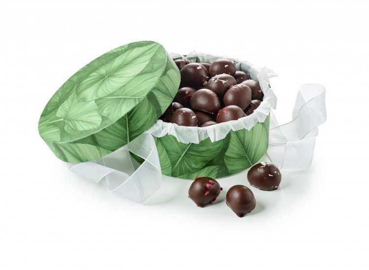 Rund Hatteæske Green big leaf, Økologisk Marcipanæg, 500 g.