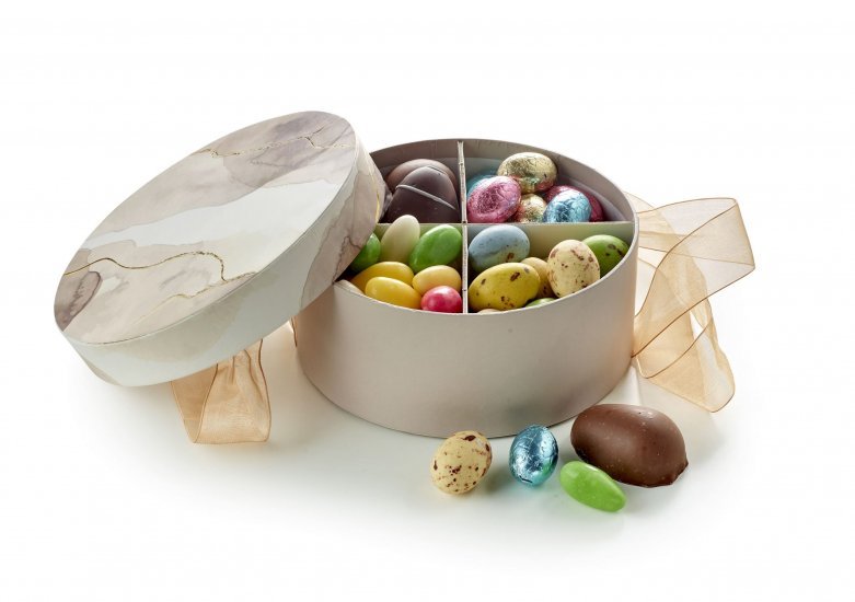 Rund Hatteæske Brun Marmor, Familieæske, 400 g.