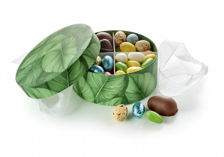 Rund Hatteæske Green big leaf, Familieæske, 400 g.